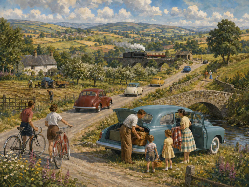 Sunday Country Road, an illustrated nostalgic transport jigsaw puzzle scene