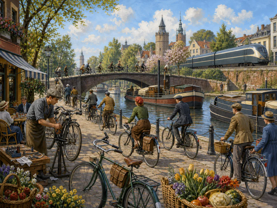 Sunday Canal Bicycles, an illustrated nostalgic transport jigsaw puzzle scene