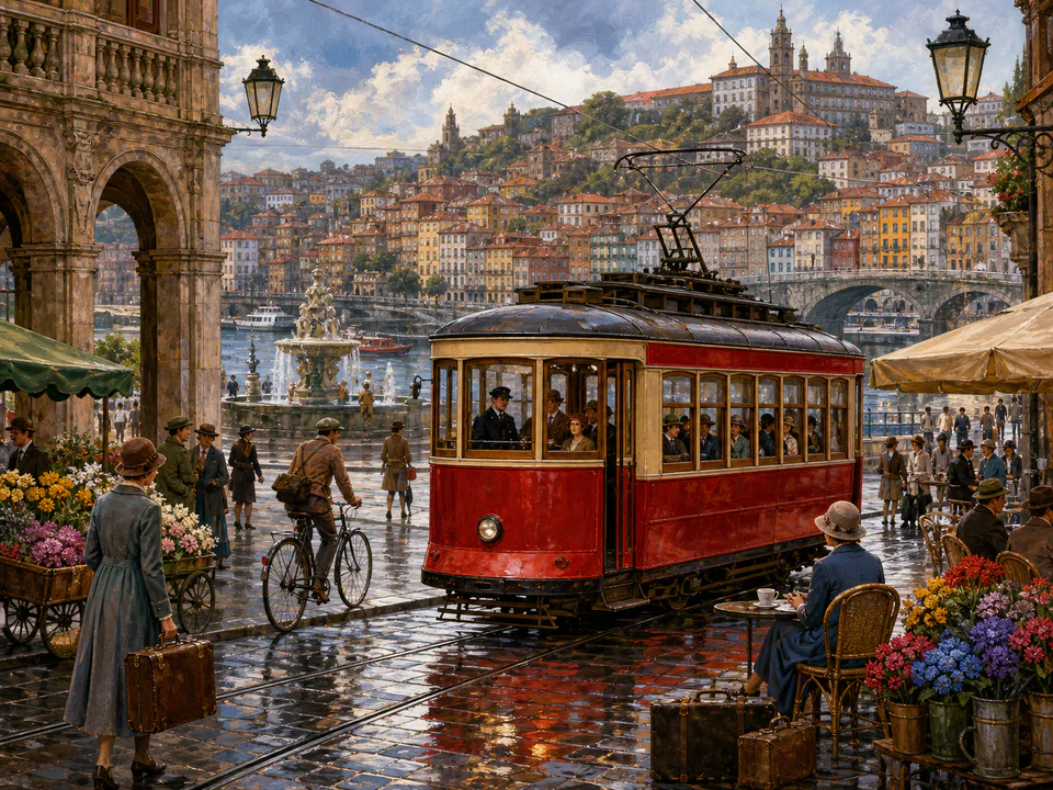 Alpine City Tram, an illustrated nostalgic transport jigsaw puzzle scene