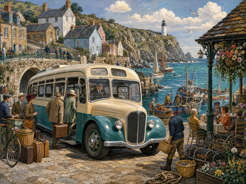 Alpine Harbor Bus, an illustrated nostalgic transport jigsaw puzzle scene