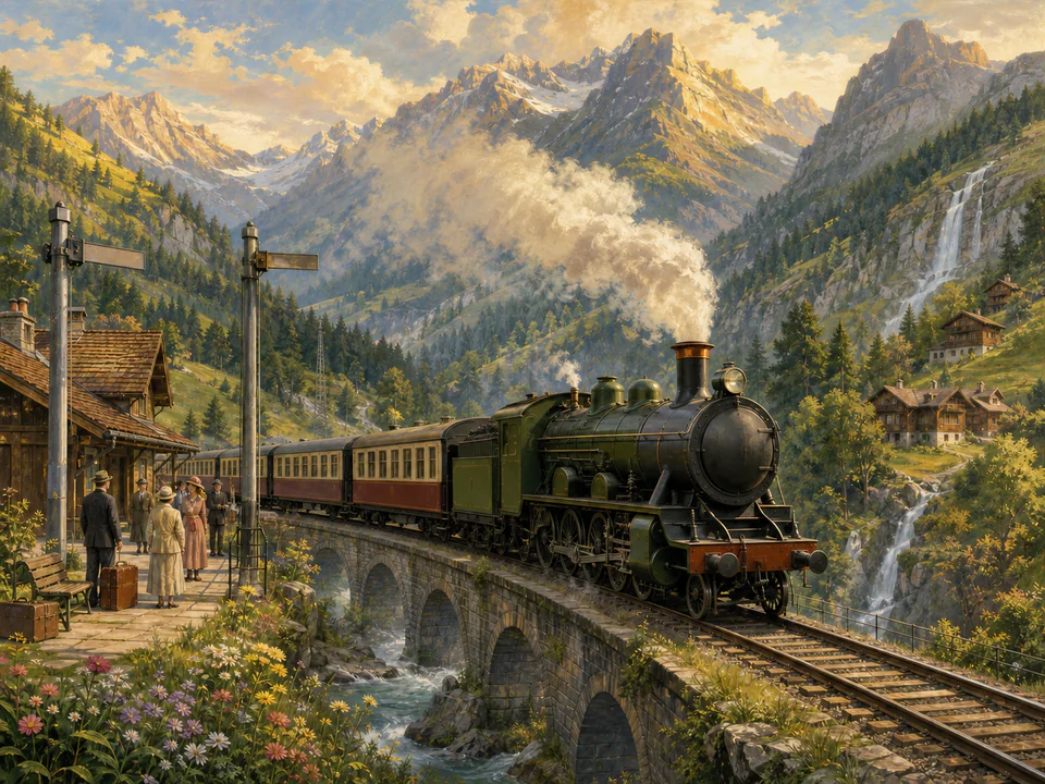 Golden Mountain Train, an illustrated nostalgic transport jigsaw puzzle scene