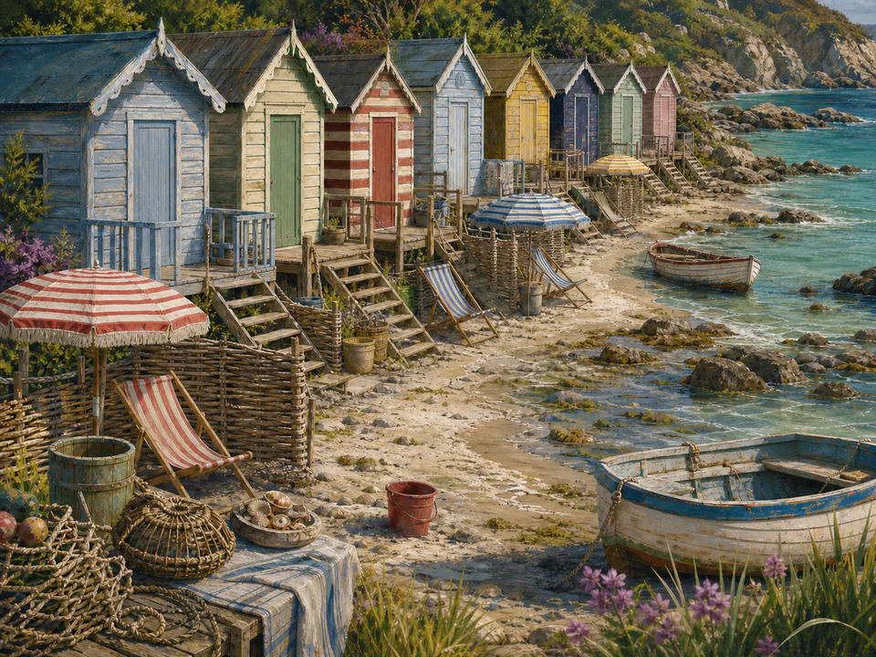 Saltwater Beach Huts, an illustrated seaside scenes jigsaw puzzle scene