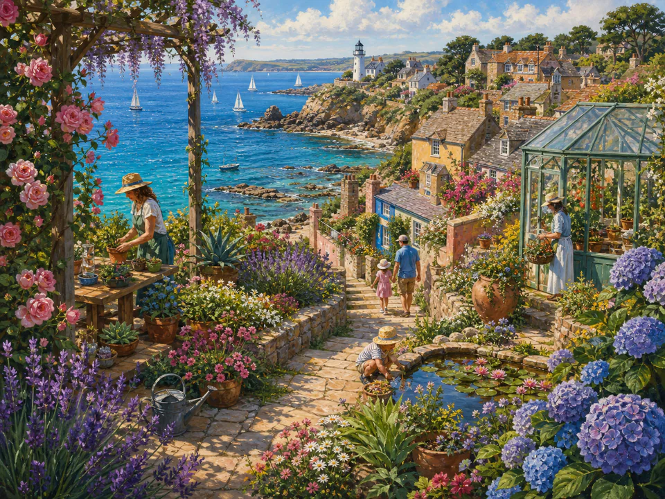 Sunny Coastal Gardens, an illustrated seaside scenes jigsaw puzzle scene