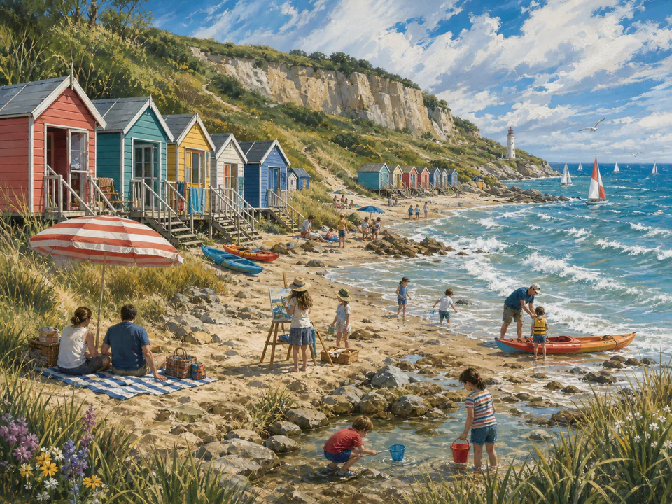 Windy Beach Huts, an illustrated seaside scenes jigsaw puzzle scene