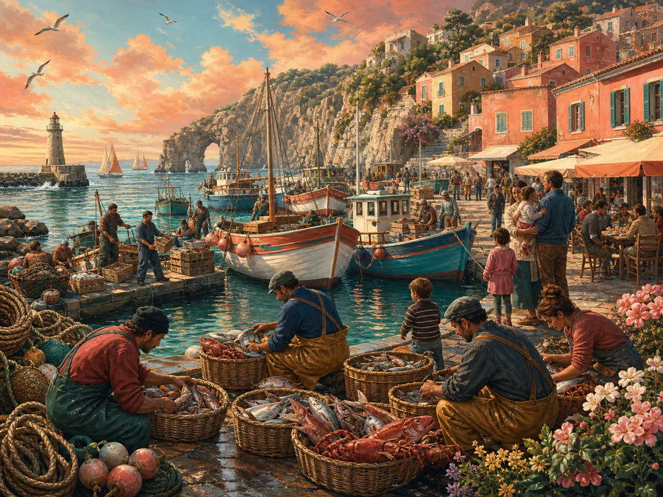 Coral Fishing Harbor, an illustrated seaside scenes jigsaw puzzle scene
