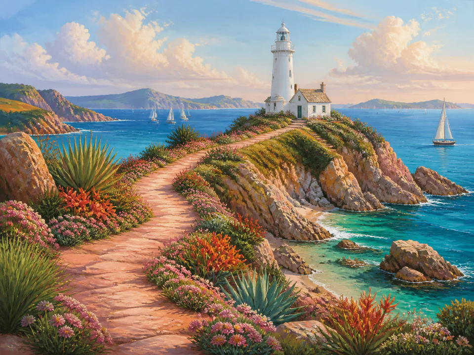 Coral Lighthouse Path, an illustrated seaside scenes jigsaw puzzle scene