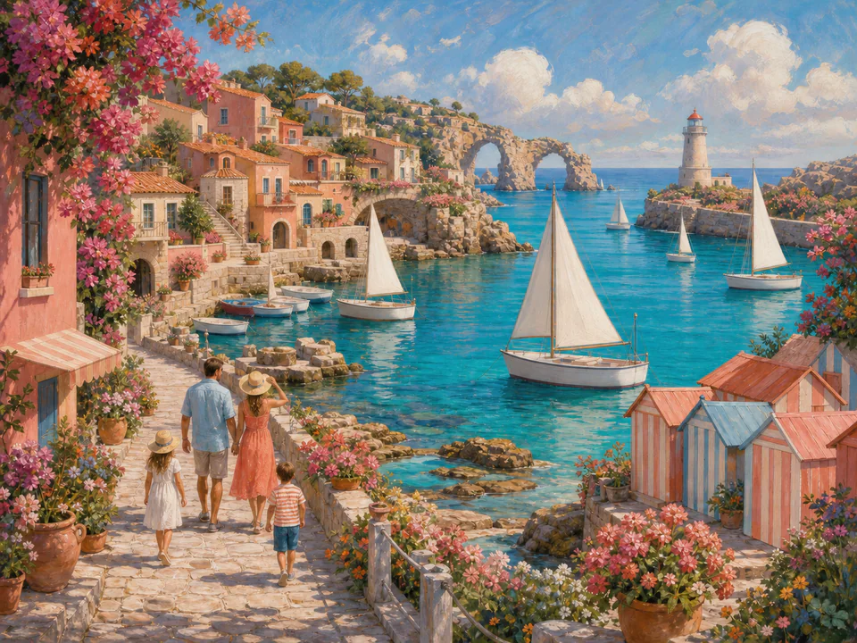 Coral Sailing Bay, an illustrated seaside scenes jigsaw puzzle scene