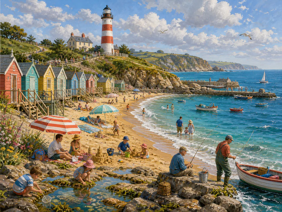 Lighthouse Beach Huts, an illustrated seaside scenes jigsaw puzzle scene