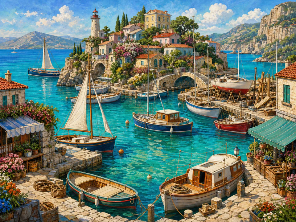 Turquoise Island Marina, an illustrated seaside scenes jigsaw puzzle scene