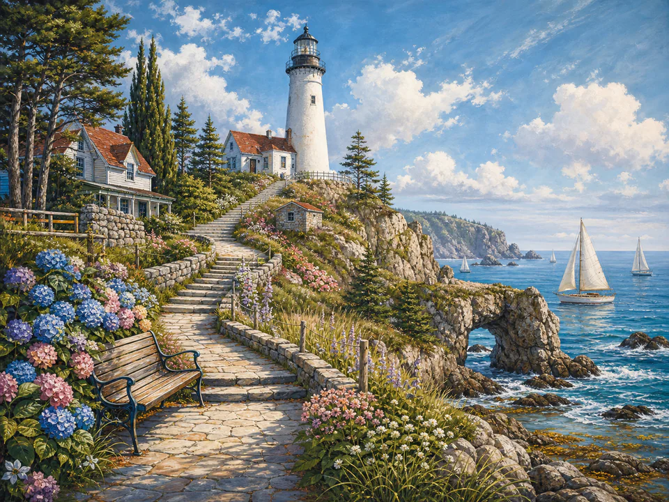 Morning Lighthouse Path, an illustrated seaside scenes jigsaw puzzle scene
