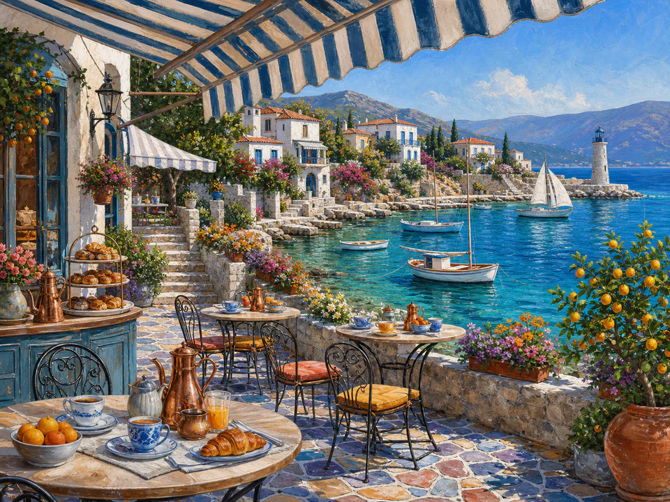 Morning Seafront Café, an illustrated seaside scenes jigsaw puzzle scene