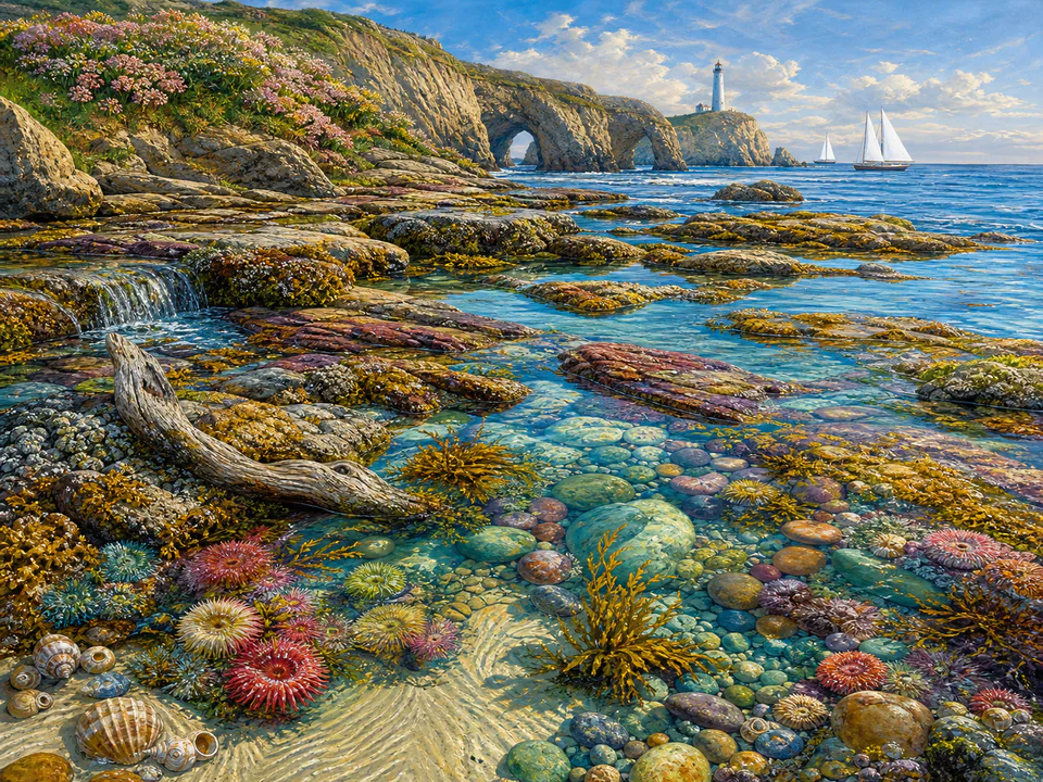 Morning Rock Pool, an illustrated seaside scenes jigsaw puzzle scene
