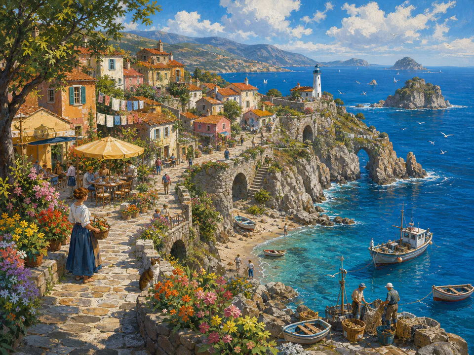 Shell Clifftop Village, an illustrated seaside scenes jigsaw puzzle scene