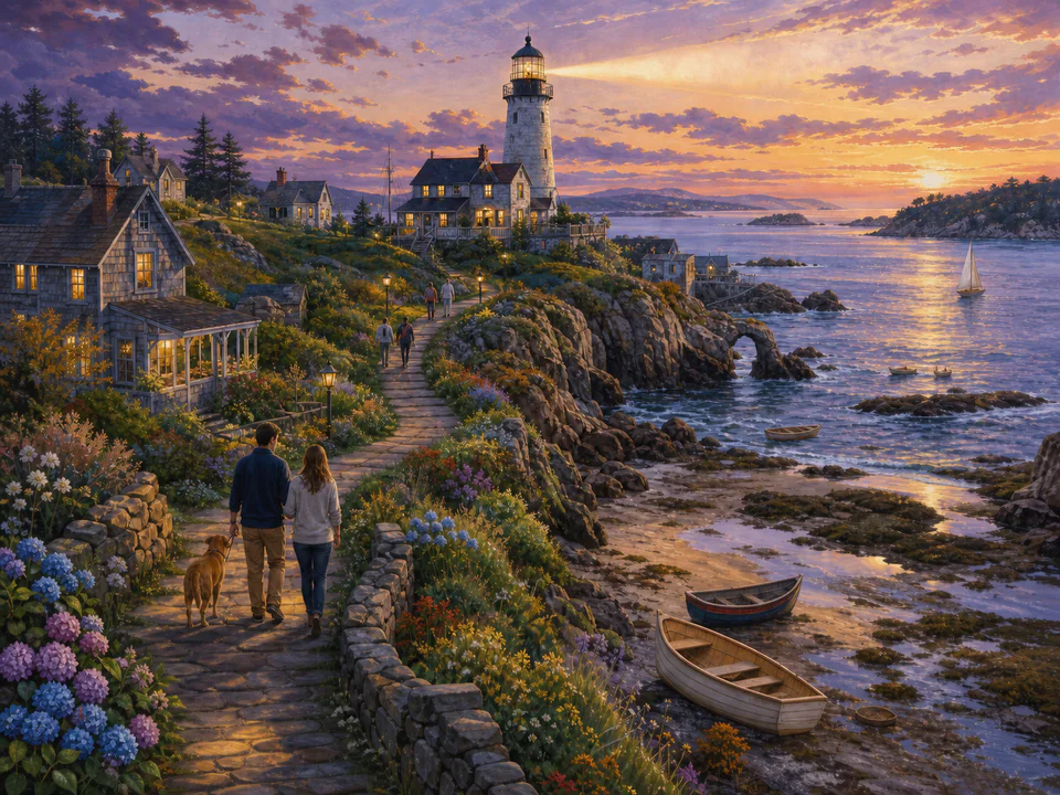 Shell Lighthouse Path, an illustrated seaside scenes jigsaw puzzle scene