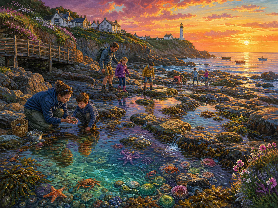 Sunset Rock Pool, an illustrated seaside scenes jigsaw puzzle scene