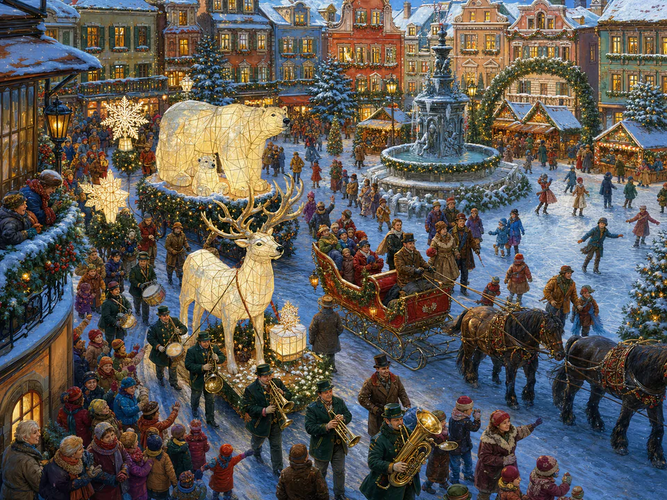 Winter Town Parade, an illustrated seasonal celebrations jigsaw puzzle scene