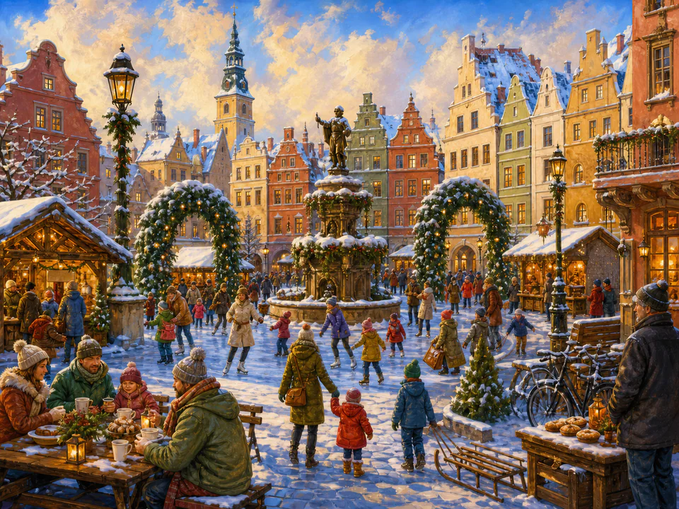 Winter Snowy Square, an illustrated seasonal celebrations jigsaw puzzle scene