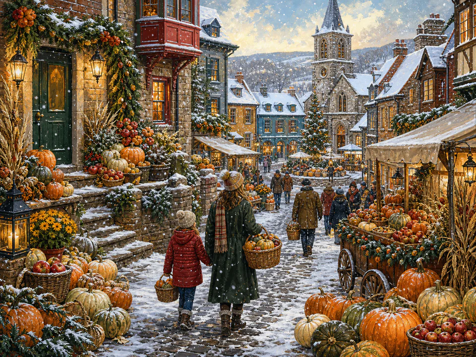 Winter Pumpkin Lane, an illustrated seasonal celebrations jigsaw puzzle scene