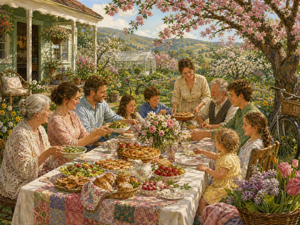 Spring Family Table, an illustrated seasonal celebrations jigsaw puzzle scene
