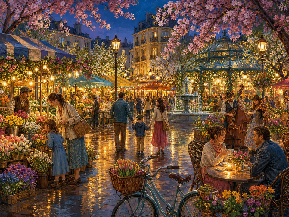 Spring Market Lights, an illustrated seasonal celebrations jigsaw puzzle scene