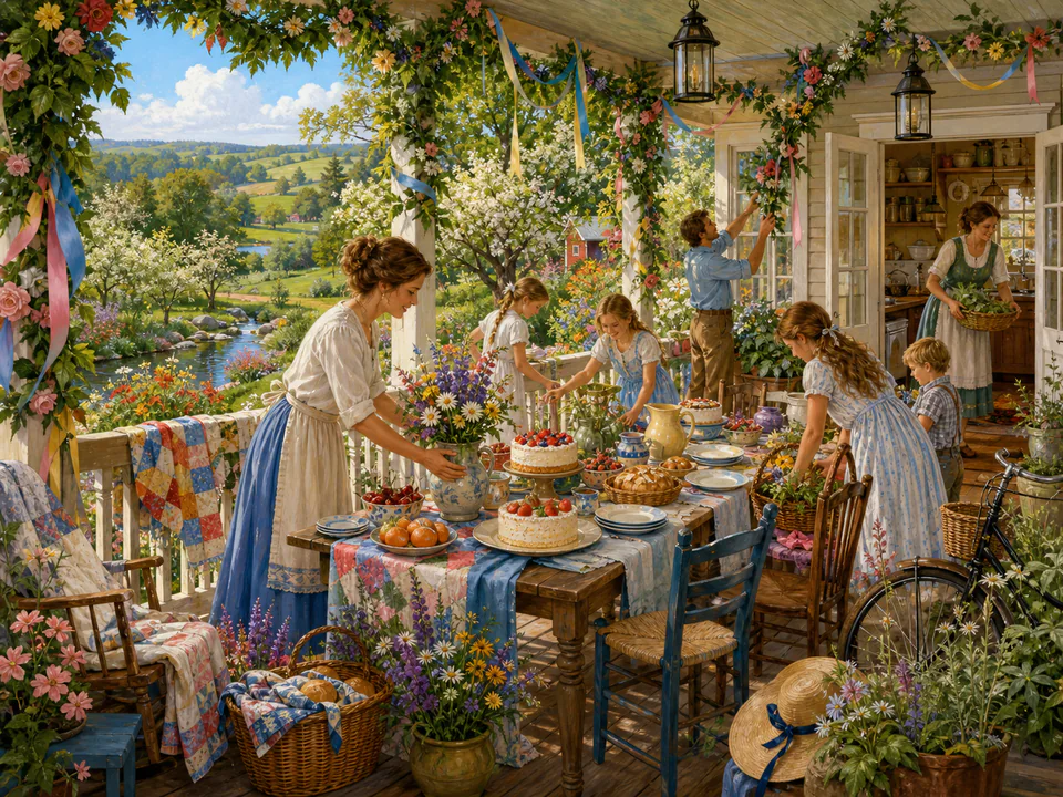 Midsummer Decorated Porch, an illustrated seasonal celebrations jigsaw puzzle scene