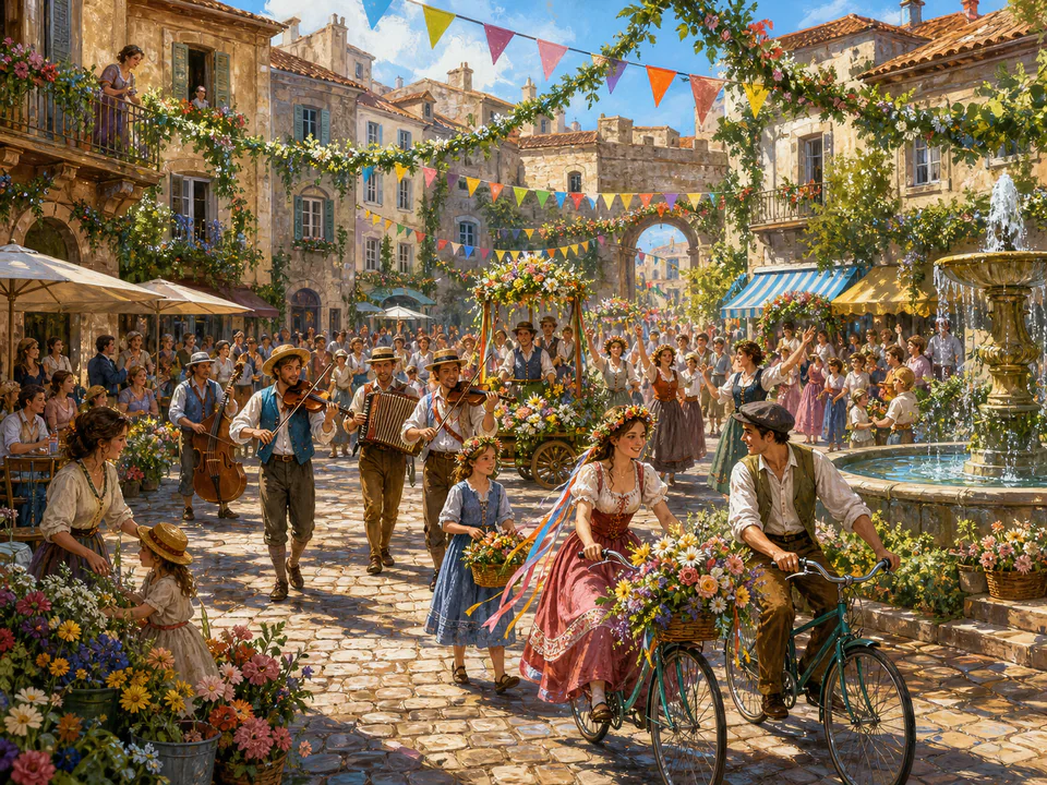 Midsummer Town Parade, an illustrated seasonal celebrations jigsaw puzzle scene