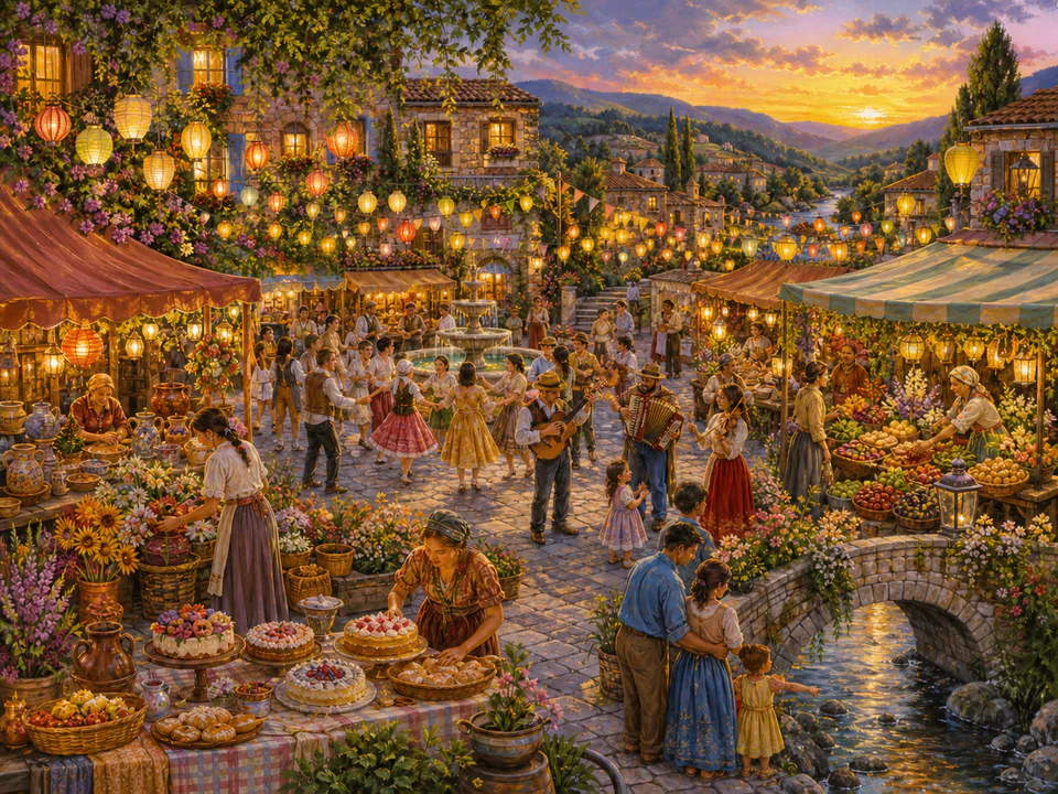 Midsummer Market Lights, an illustrated seasonal celebrations jigsaw puzzle scene