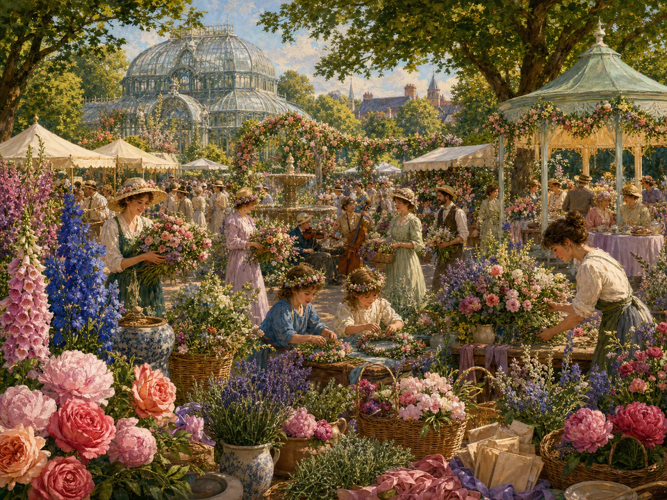 Midsummer Flower Fair, an illustrated seasonal celebrations jigsaw puzzle scene