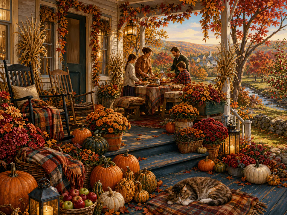 Autumn Decorated Porch, an illustrated seasonal celebrations jigsaw puzzle scene