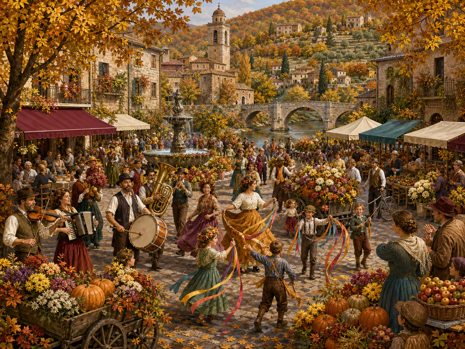 Autumn Town Parade, an illustrated seasonal celebrations jigsaw puzzle scene