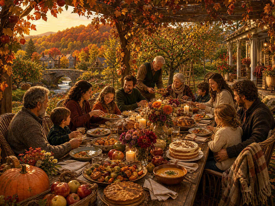 Autumn Family Table, an illustrated seasonal celebrations jigsaw puzzle scene