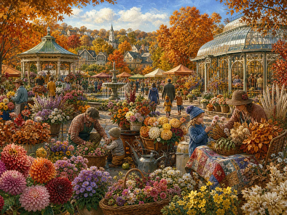 Autumn Flower Fair, an illustrated seasonal celebrations jigsaw puzzle scene