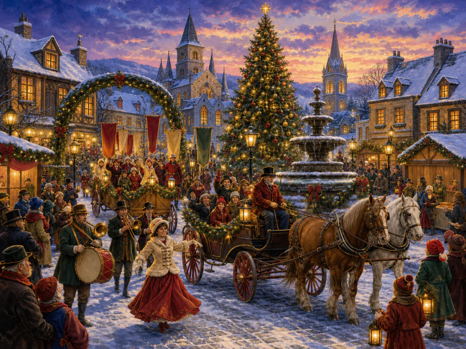 Christmas Town Parade, an illustrated seasonal celebrations jigsaw puzzle scene