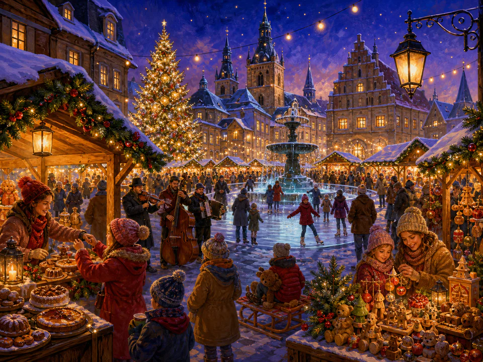 Christmas Market Lights, an illustrated seasonal celebrations jigsaw puzzle scene
