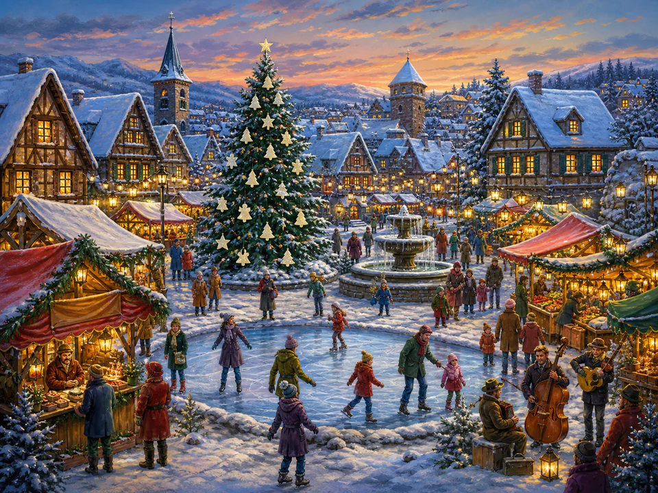 Christmas Snowy Square, an illustrated seasonal celebrations jigsaw puzzle scene