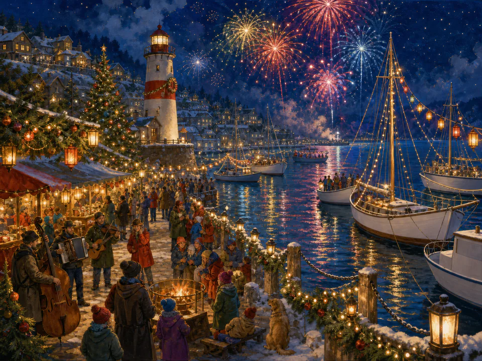 Christmas Firework Harbor, an illustrated seasonal celebrations jigsaw puzzle scene