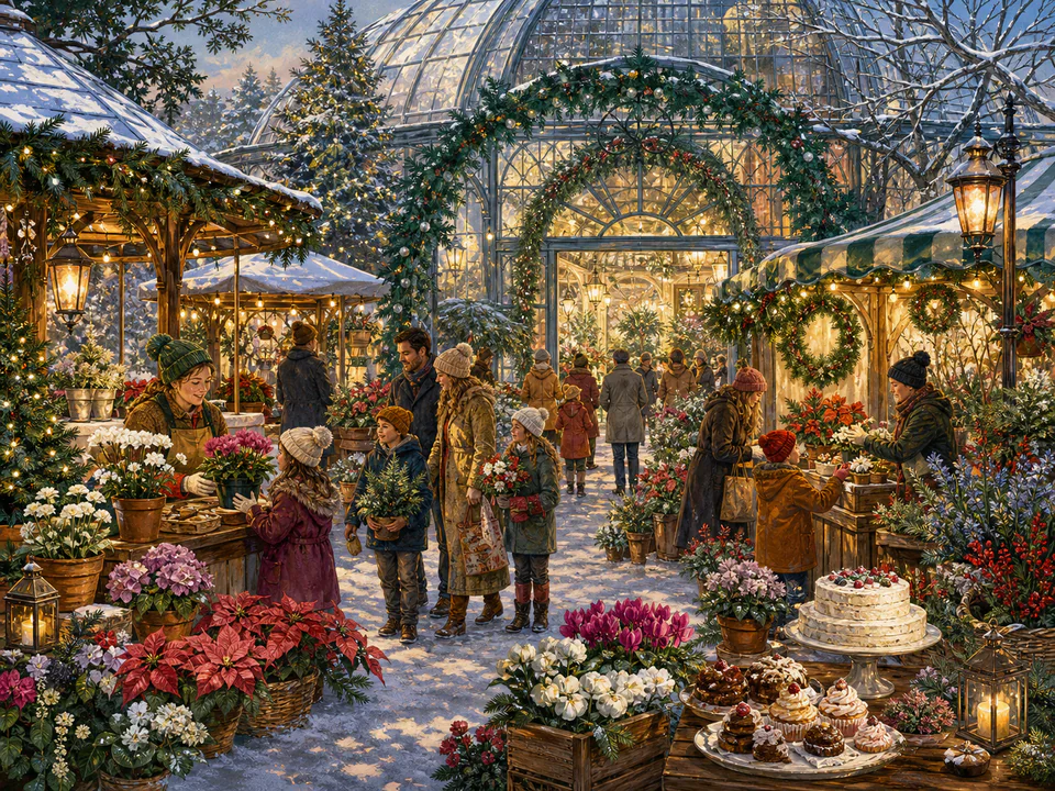 Christmas Flower Fair, an illustrated seasonal celebrations jigsaw puzzle scene