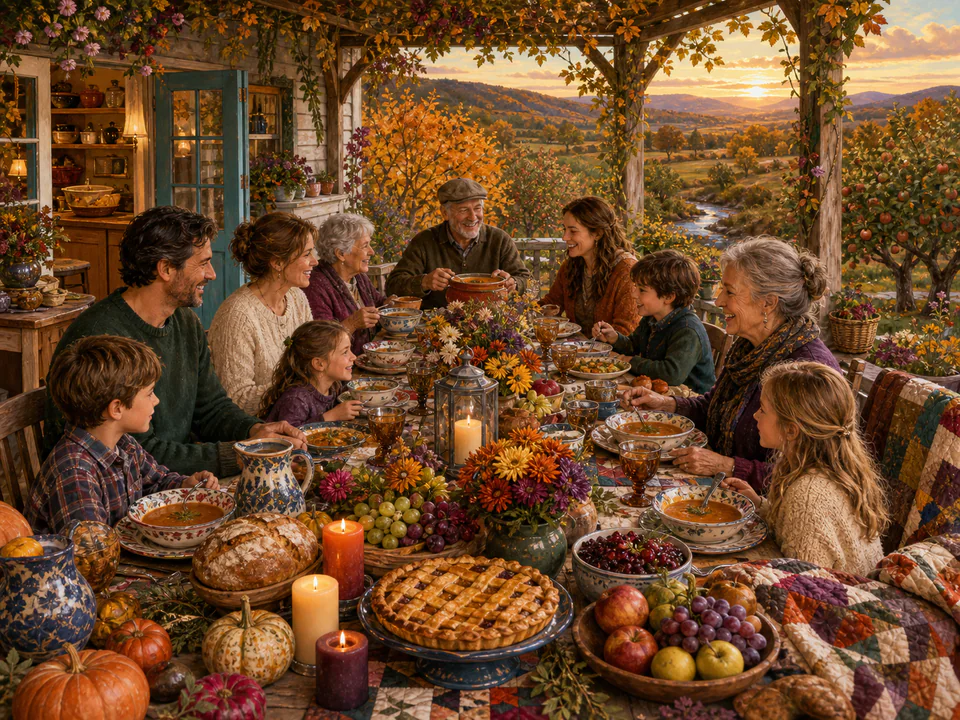 Harvest Family Table, an illustrated seasonal celebrations jigsaw puzzle scene