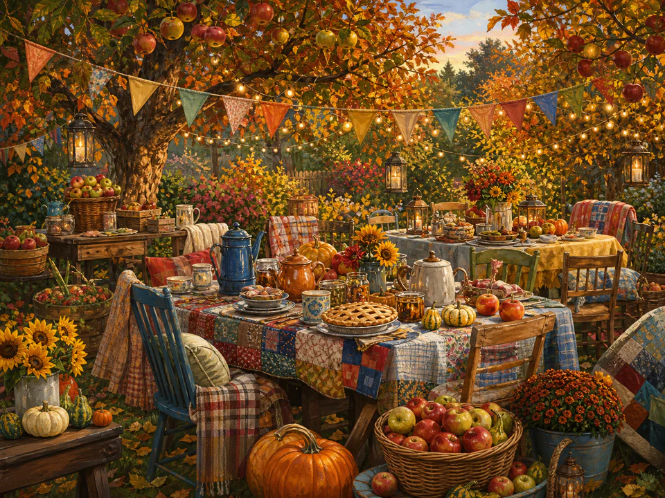 Harvest Garden Party, an illustrated seasonal celebrations jigsaw puzzle scene