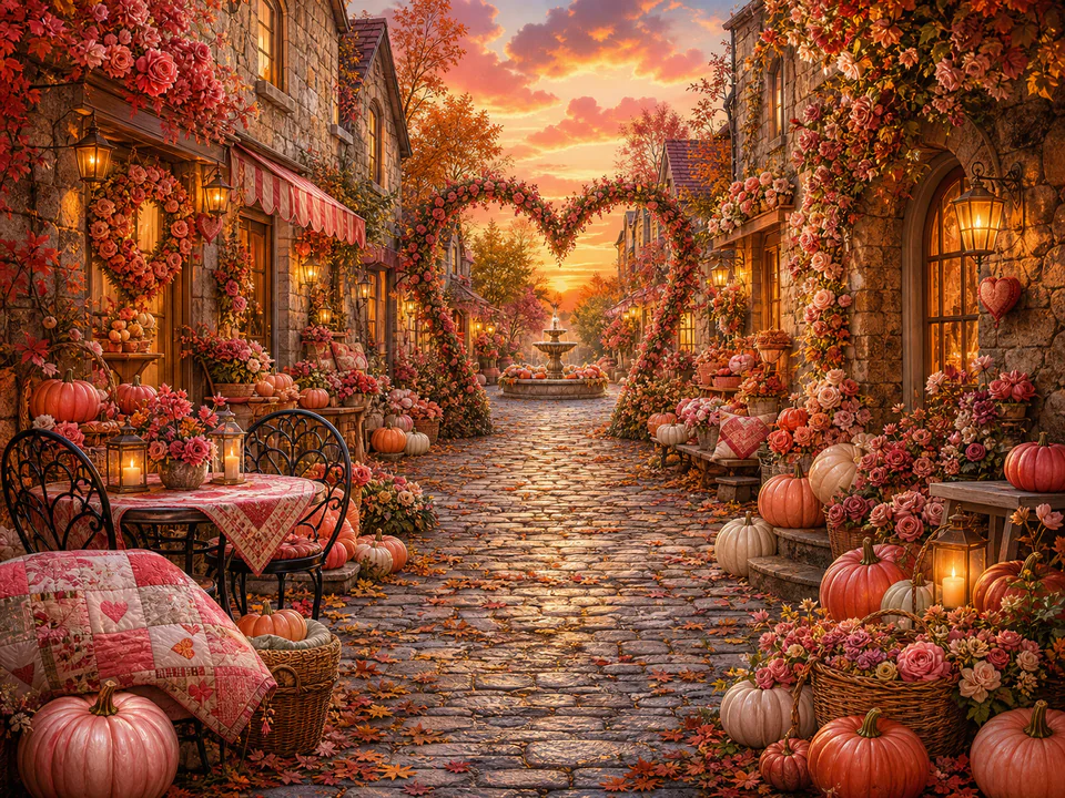Valentine Pumpkin Lane, an illustrated seasonal celebrations jigsaw puzzle scene