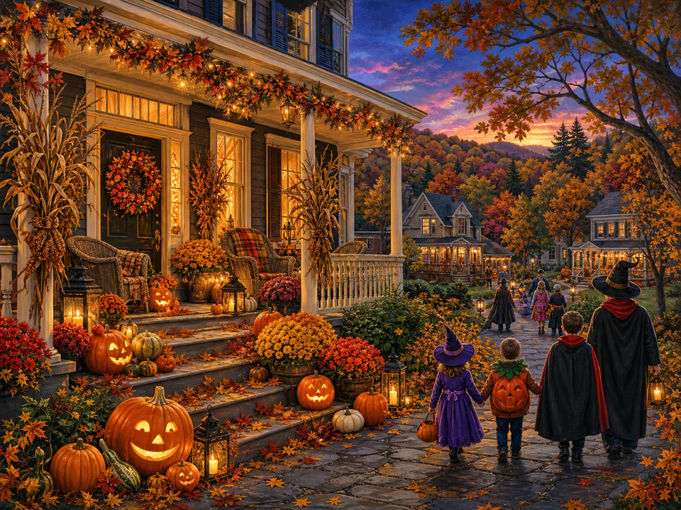 Halloween Decorated Porch, an illustrated seasonal celebrations jigsaw puzzle scene