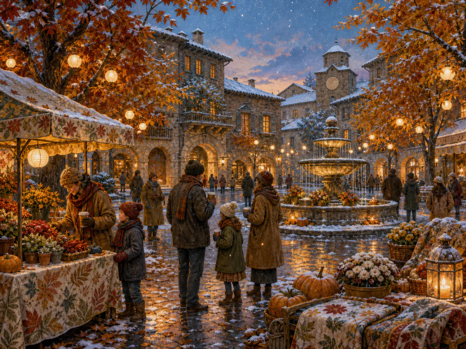 New Year Snowy Square, an illustrated seasonal celebrations jigsaw puzzle scene