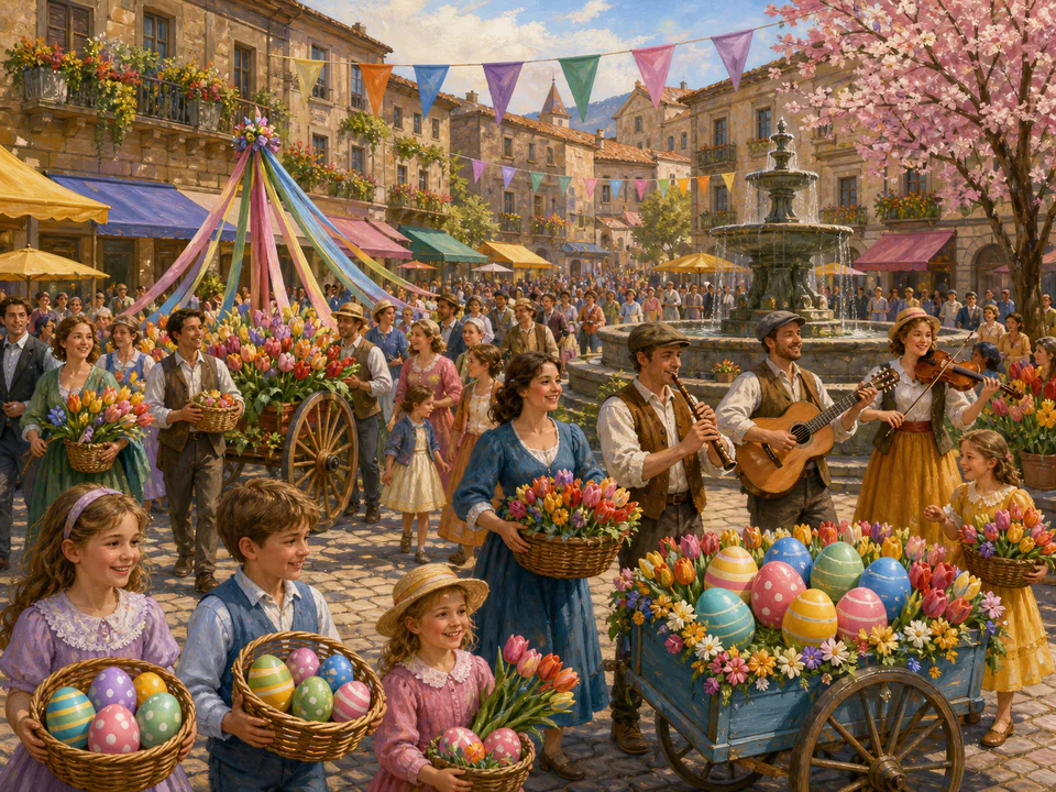 Easter Town Parade, an illustrated seasonal celebrations jigsaw puzzle scene