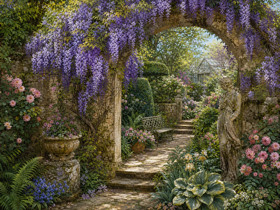 Wisteria Garden Arch, an illustrated secret gardens jigsaw puzzle scene
