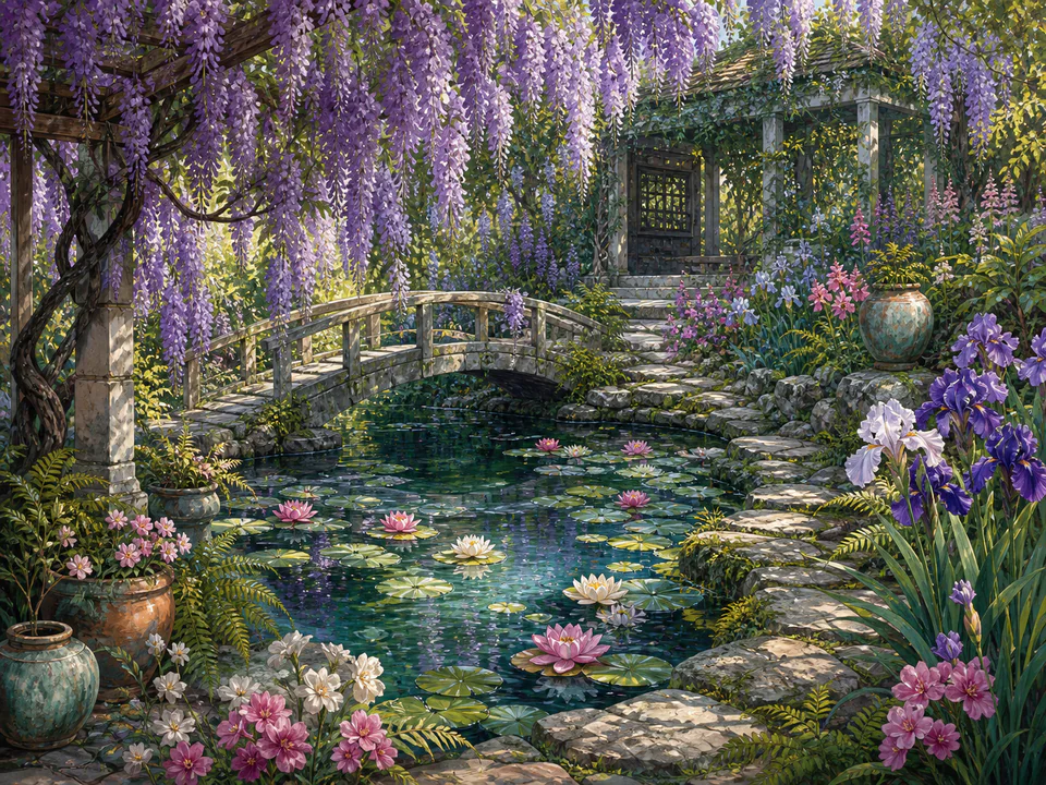 Wisteria Lily Pond, an illustrated secret gardens jigsaw puzzle scene