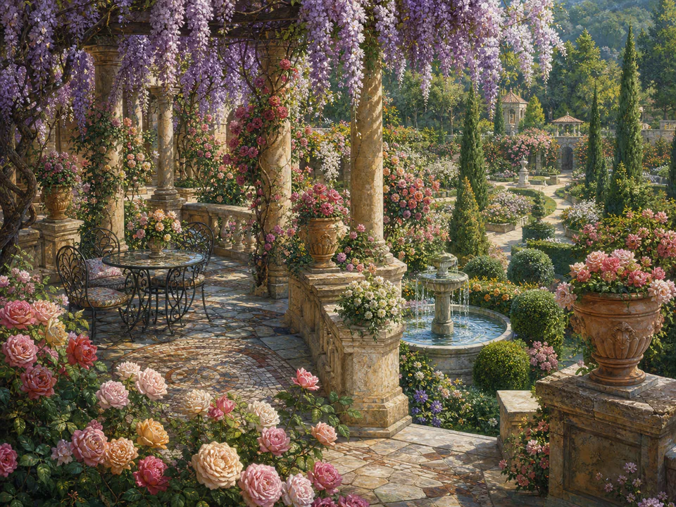 Wisteria Rose Terrace, an illustrated secret gardens jigsaw puzzle scene