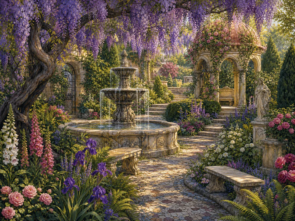 Wisteria Hidden Fountain, an illustrated secret gardens jigsaw puzzle scene