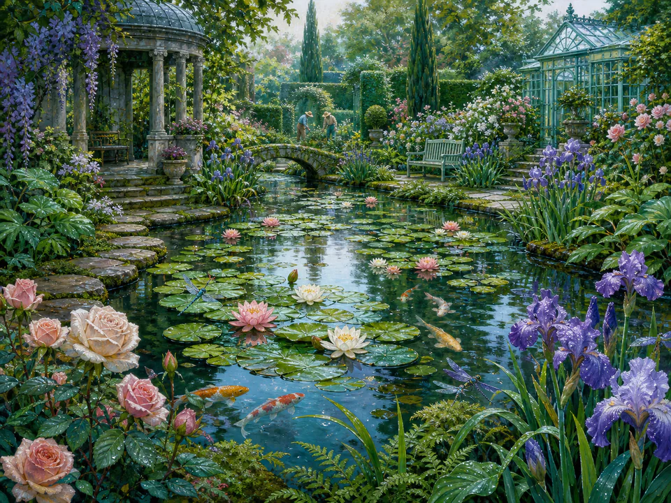 Dewy Lily Pond, an illustrated secret gardens jigsaw puzzle scene