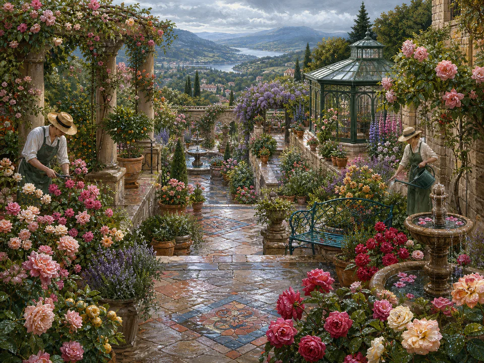Dewy Rose Terrace, an illustrated secret gardens jigsaw puzzle scene