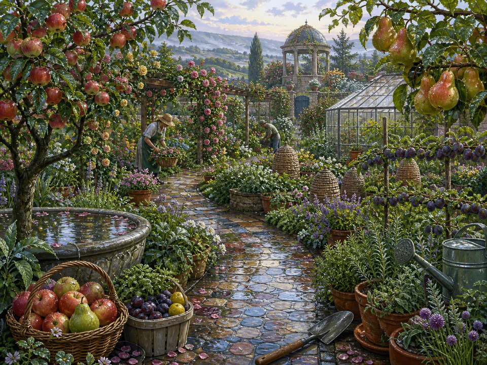 Dewy Orchard Path, an illustrated secret gardens jigsaw puzzle scene